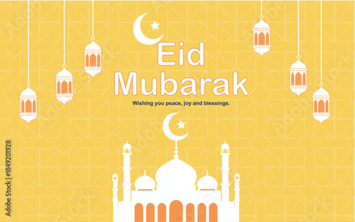 Flat Eid Mubarak Banner with Mosque Silhouette on Yellow Background