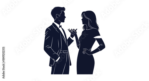 A refined couple in formal attire are engaged in a quiet and intimate conversation silhouette