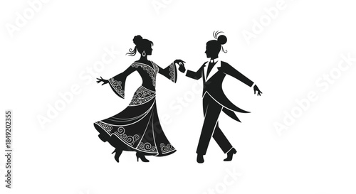 an elegant couple gracefully dancing together in a vintage style depicted as a silhouette