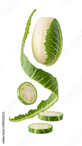 Fresh peeled Brussels sprout with spiraling outer leaves and cross-sectional slices isolated on white background, perfect for cooking and healthy recipes