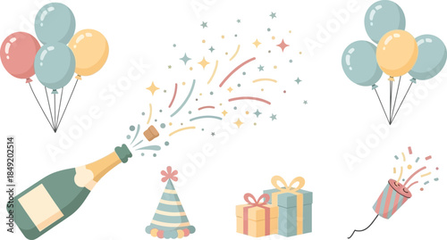 Festive Celebration Elements with Champagne Bottle and Party Decorations.