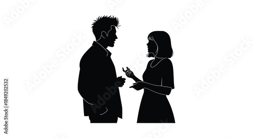 a couple engaged in a serious conversation depicted in a striking black and white silhouette