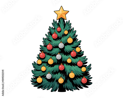 Decorated Christmas Tree with Star on White Background isolated on a transparent background