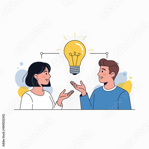 Man and Woman Discussing Light Bulb Idea.