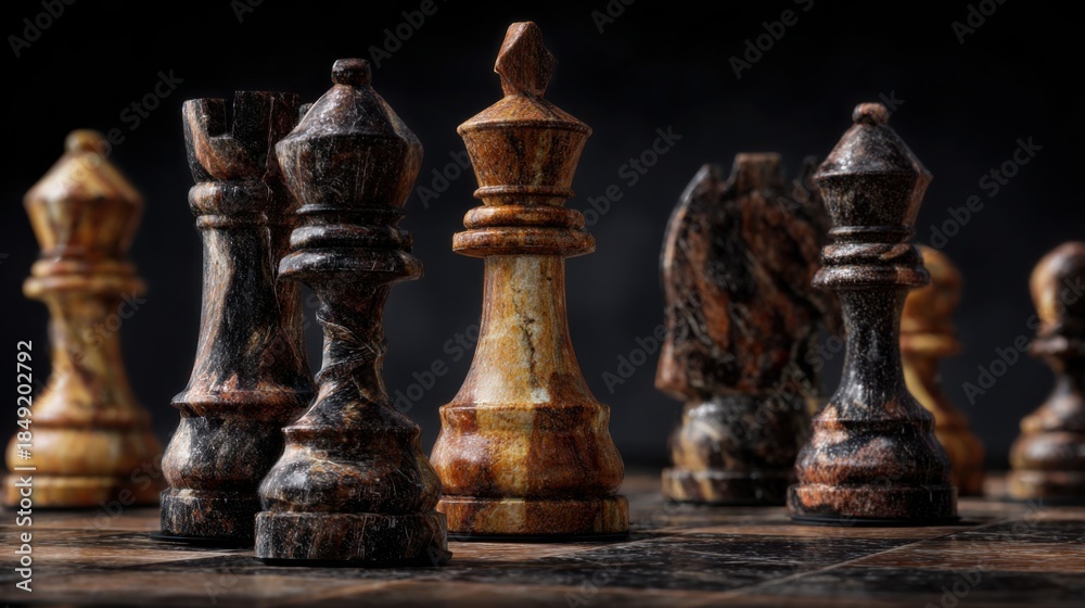 Fototapeta premium Vintage chess pieces arranged on dark background