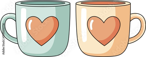 Two Ceramic Mugs with Cute Heart Design in Pastel Colors.