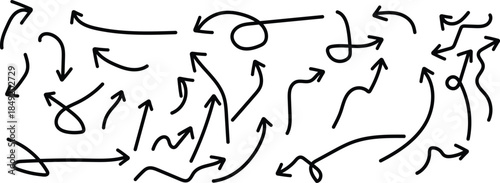 Hand drawn arrow doodles - Sketchy black arrows set, Marker pen pointer icons, Curvy directional symbols