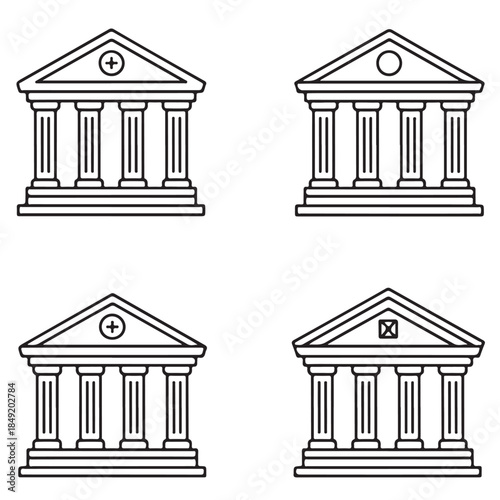 Classic Bank Icons with Columns – Line Vector Set