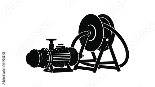Industrial pump and hose reel on a stand
