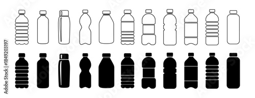 Bottle icons set in outline and solid black style. Collection of various plastic drink containers. Isolated on transparent background.