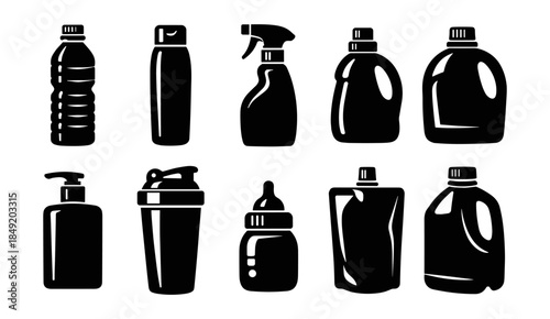 Plastic bottle icons set in black and white flat style. Various containers for drink, cleaning and hygiene. Isolated on transparent background.