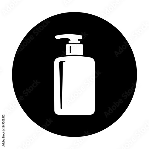 Pump dispenser bottle icon in flat black and white style. Hygiene and cosmetic container symbol. Isolated on transparent background.