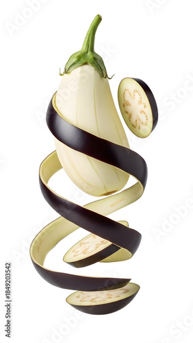 Fresh white eggplant with dark purple peel spiraling off and round slices floating, isolated on white background, perfect for cooking and healthy food content