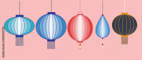Traditional chinese new year lanterns in various shapes and colors vector illustration