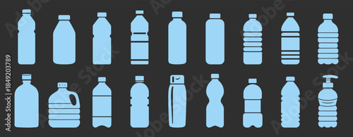 Plastic bottle icons set in flat blue style. Collection of various drink and liquid containers.