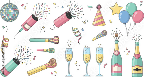 Festive Celebration Elements with Party Poppers Champagne and Balloons.