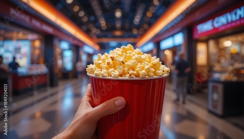 Hand holding a bright red popcorn bucket in a movie theater