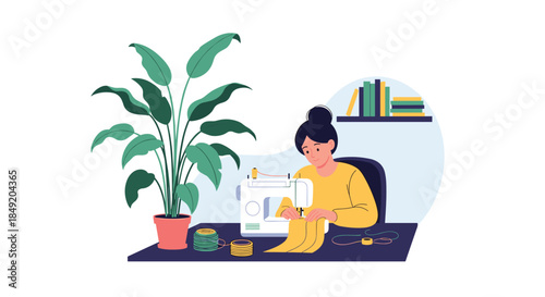 A young woman enjoys her hobby of sewing at home by using a modern sewing machine to create new clothes in her cozy room.