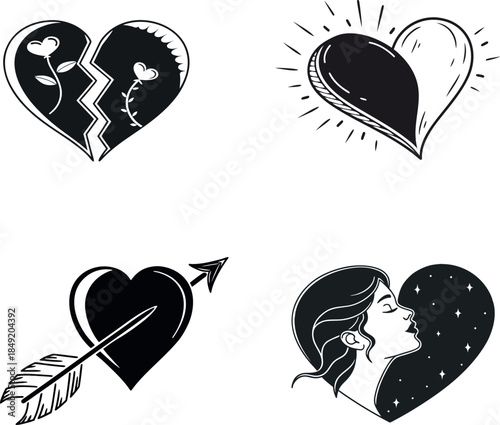 Vector set of  heart icons and romantic symbols for Valentine's Day design, including love silhouettes, wedding card illustrations, and hand-drawn shapes representing a couple's romance