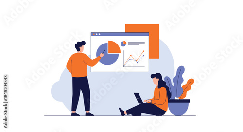 A business professional gives a presentation with data charts and graphs to a colleague who is working on her laptop computer.