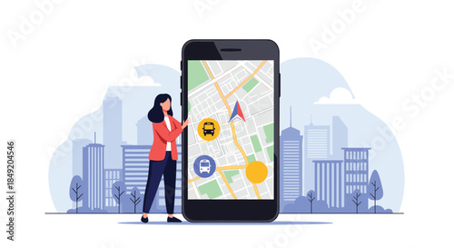 A woman uses a public transportation mobile app on a large smartphone to find a bus stop on a city map for her commute.
