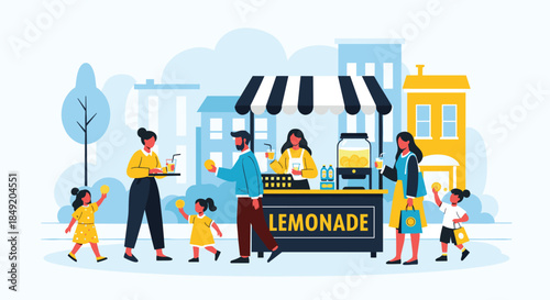 Happy families with children are buying fresh cold lemonade from a cute outdoor stand in a city street on a hot summer day.