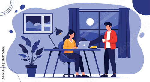 A man and a woman work together late at night in a dark home office with a laptop and a view of the moon outside.