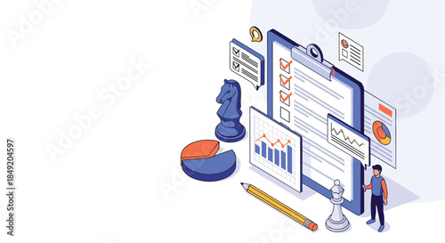 An isometric concept of business strategy and project management with a checklist charts graphs and chess pieces for planning.
