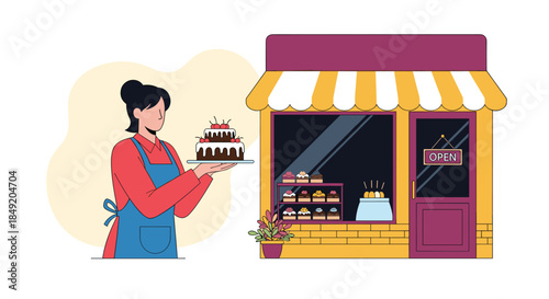 A female baker and small business owner holds a freshly made chocolate cake outside of her cute and modern bakery shop.