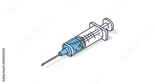 Medical syringe filled with blue liquid vaccine or medicine for injection illustrated in a clean line art style on a white background.