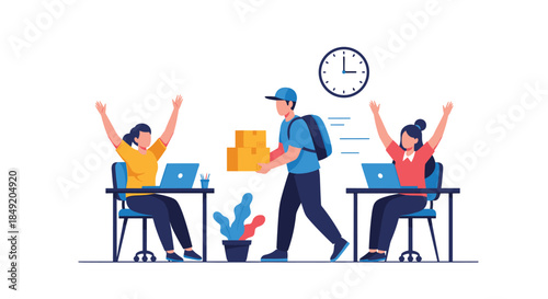 Delivery man bringing packages to two happy female office workers who are excited to receive their online order at the workplace.