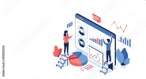Business team analyzing user or customer data on a large dashboard with charts and graphs in an isometric vector illustration.