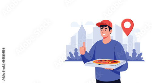 Happy pizza delivery man in a red cap holding a pizza box and giving a thumbs-up for fast and reliable food service.