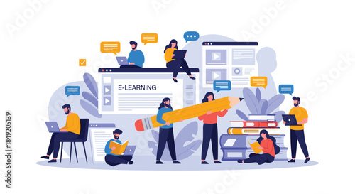 Group of diverse students engaging in e-learning and online education using laptops and books around a large web browser interface.