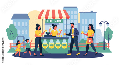 Happy people including families and children buying fresh cold lemonade from a young woman at a street food stand in the city.