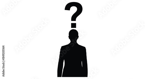 A striking black silhouette of a human head combined with a questioning symbol silhouette
