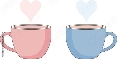 Two Pastel Coffee Mugs with Soft Heart-Shaped Steam.