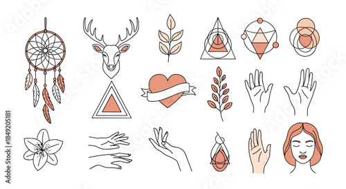 Collection of aesthetic bohemian style icons in line art featuring a dreamcatcher deer head sacred geometry hands and flowers.