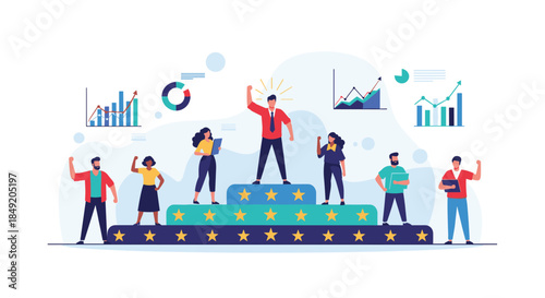 Successful business leader standing on a winner's podium celebrating an achievement with a happy and supportive team with data.