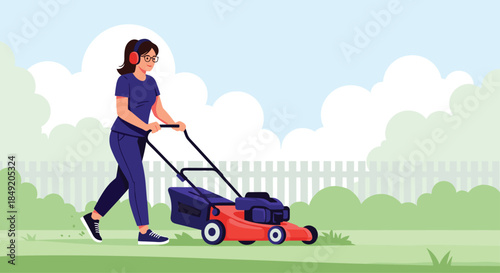 Young woman wearing headphones and listening to music while mowing the lawn in her backyard with a lawnmower on a sunny day.