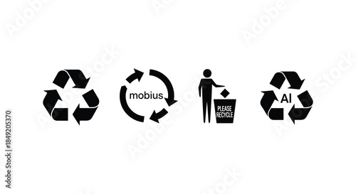 Recycling symbols and a person with a recycling bin presented as a dark silhouette
