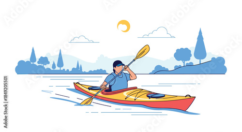 Woman enjoying kayaking on a calm lake in a minimalist flat line art illustration with a nature landscape in the background.