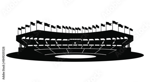 A striking black stadium illustration with waving flags presented in a bold silhouette