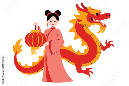Happy chinese new year vector illustration featuring a smiling woman with a red lantern and dragon dancing in celebration