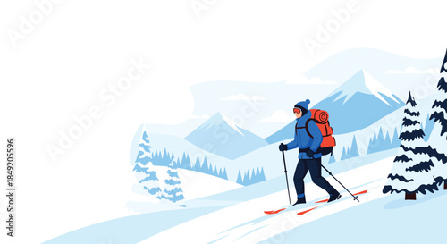Man with a backpack enjoying a ski touring adventure in a snowy mountain landscape with evergreen trees and white peaks.