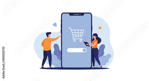 A young couple uses a large smartphone to shop online together adding items to their virtual shopping cart on a mobile app.