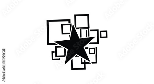 Abstract geometric arrangement featuring a prominent star and surrounding rectangular forms silhouette