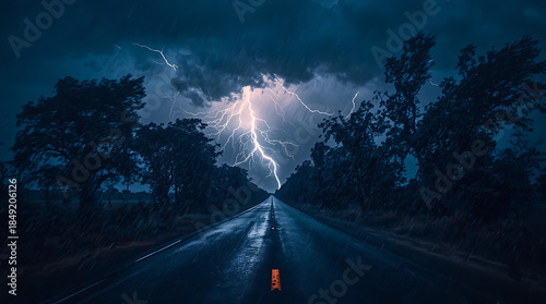 Lightning and thunderstorms often cause dramatic weather conditions, including flashes of lightning and heavy rain, which can significantly affect visibility and driving conditions on roads.