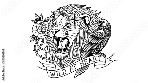 Wild at heart lion tattoo design with eagle and rose