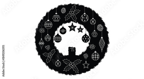 a decorative christmas wreath featuring ornaments and a candle in stark silhouette